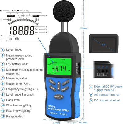 Digitaler Schallpegelmesser, Handheld Dezibelmesser 30-130 dB (A/C), ±1,5 dB Audio Volume Level Test
