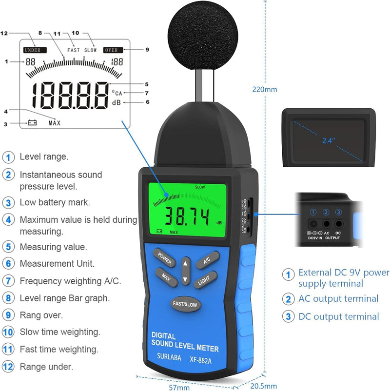 Digitaler Schallpegelmesser, Handheld Dezibelmesser 30-130 dB (A/C), ±1,5 dB Audio Volume Level Test