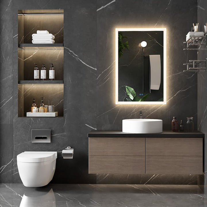 badezimmerspiegel mit Beleuchtung, Sandstrahl-Design led Spiegel Bad, 3 Farbtemperaturen, Dimmbar, E