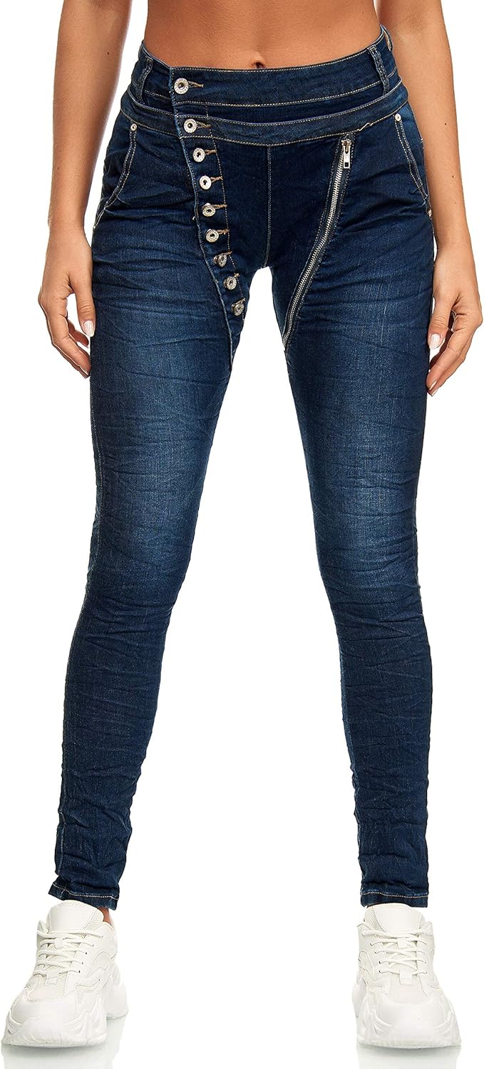 Elara Damen Jeans Boyfriend Knopfleiste Chunkyrayan 42 Slim Dunkelblau New York, 42 Slim Dunkelblau