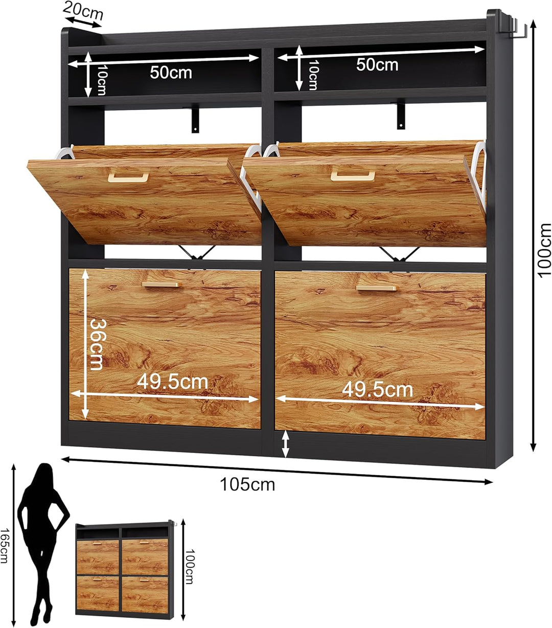 Schuhschrank mit 4 Klappen 20 cm Ultradünn,bis Grösse EU59 Passen, Schuhregal Schmaler aus Holz mit