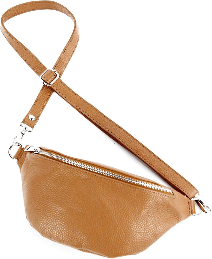 modamoda de - T211 - ital. Hüfttasche Bauchtasche Brusttasche Medium aus weichem Leder, Farbe:Camel,