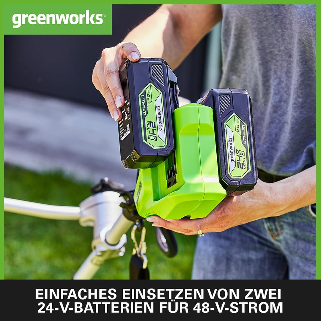 Greenworks GD24X2BCBK4x Akku Freischneider mit bürstenlosem Motor, Geschirr, Motorradgriff, 38 cm Sc