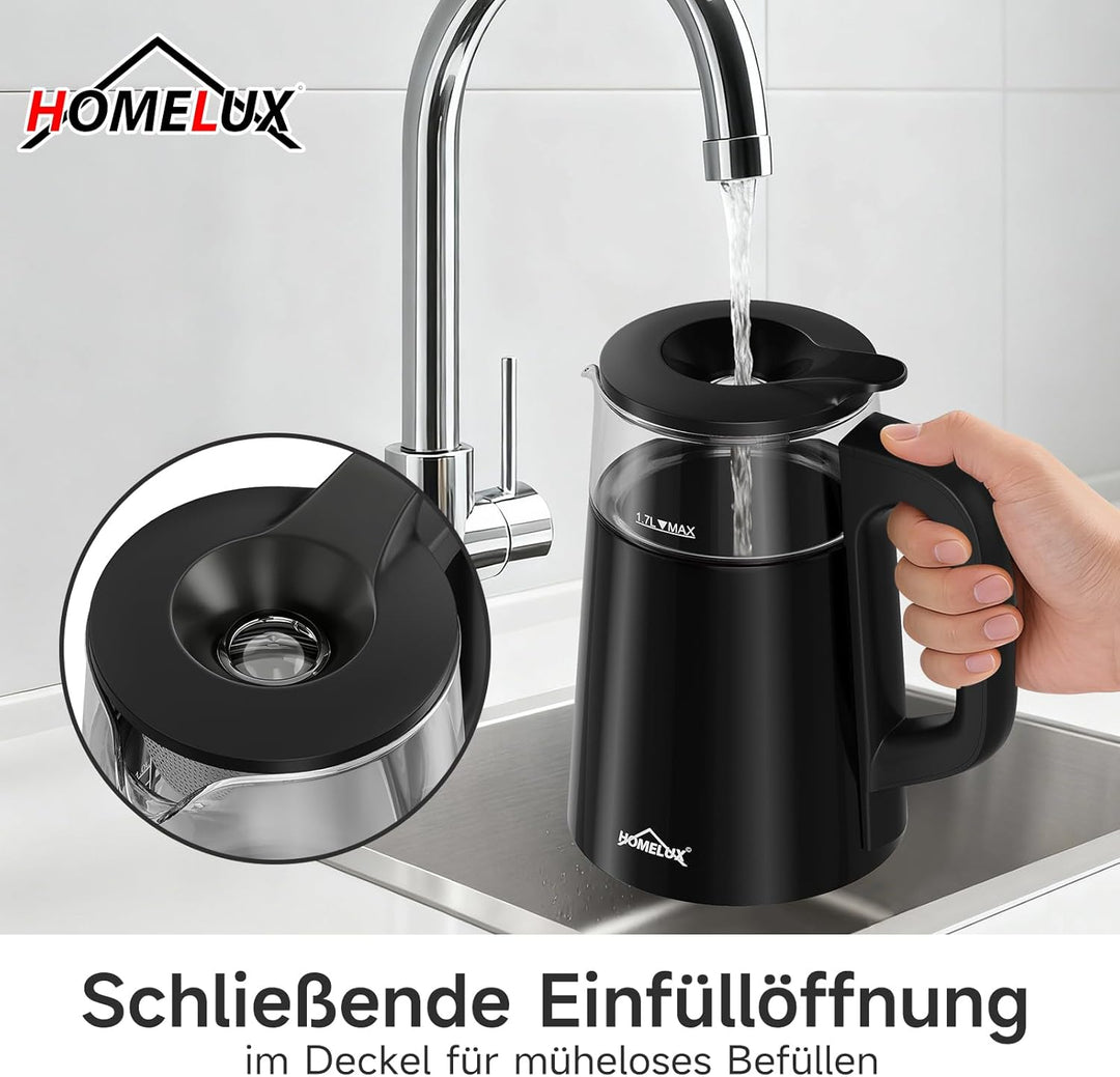 Glas Wasserkocher 1.7L + 1L, 2200W Teekocher Teekannen mit Warmhaltefunktion und Teetrichter, Wasser