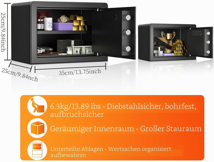 WASJOYE 25L Tresor Safe mit Zahlenschloss, Möbeltresor mit Schlüssel Elektronischem, Digital Geldkas