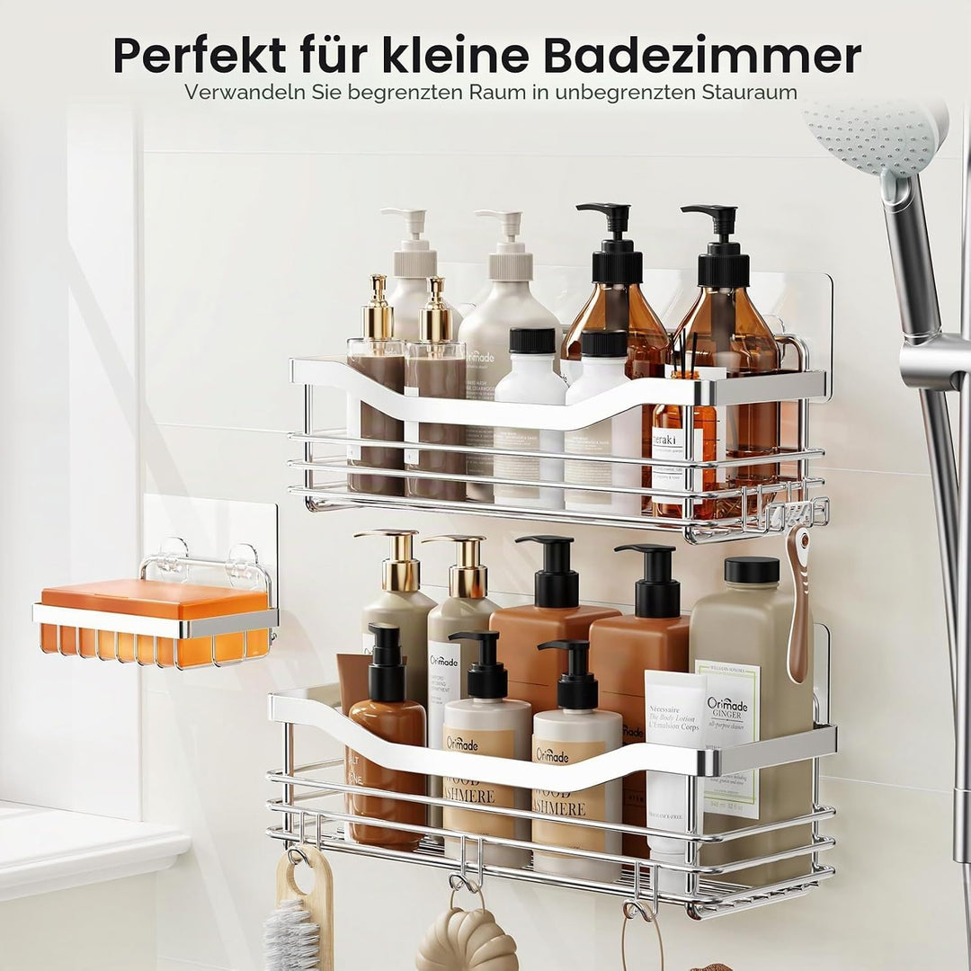 Orimade Duschablage ohne bohren mit Seifenkorb und 5 Haken - Duschregal für die Dusche Badezimmer, K