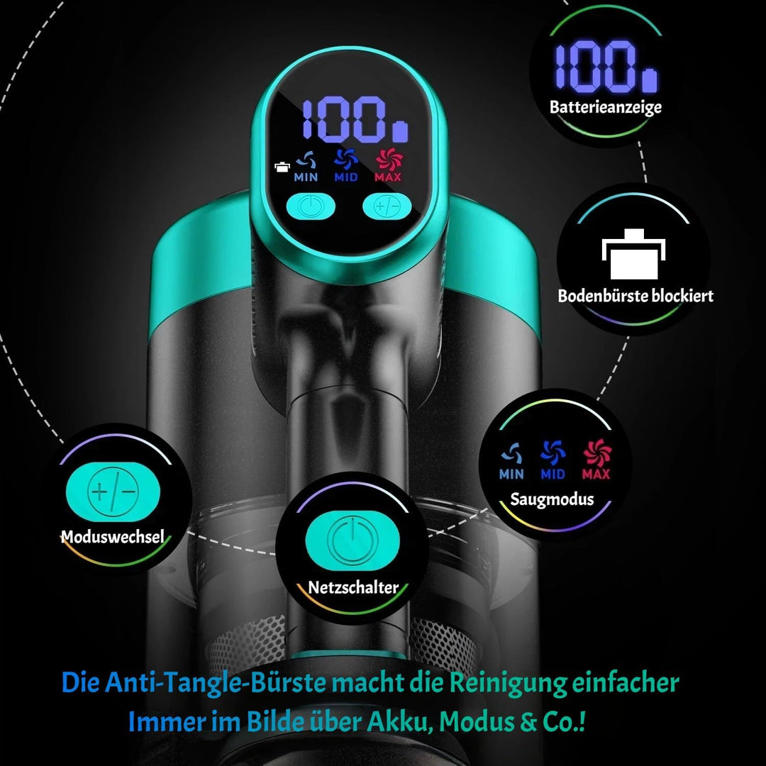 Akku Staubsauger 50KPa/500W/55Mins, Staubsauger Kabellos mit Wandmontierte Ladestation, Selbststehen