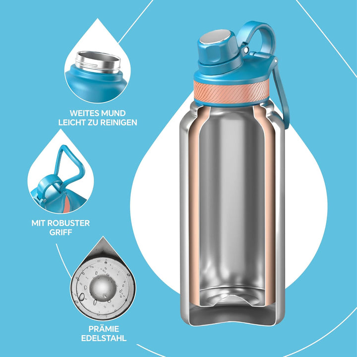 IDEUS Vakuumisolierte Wasserflasche, 32oz (950 ml) Edelstahl Doppelwand Flasche Metall Sport Kantine