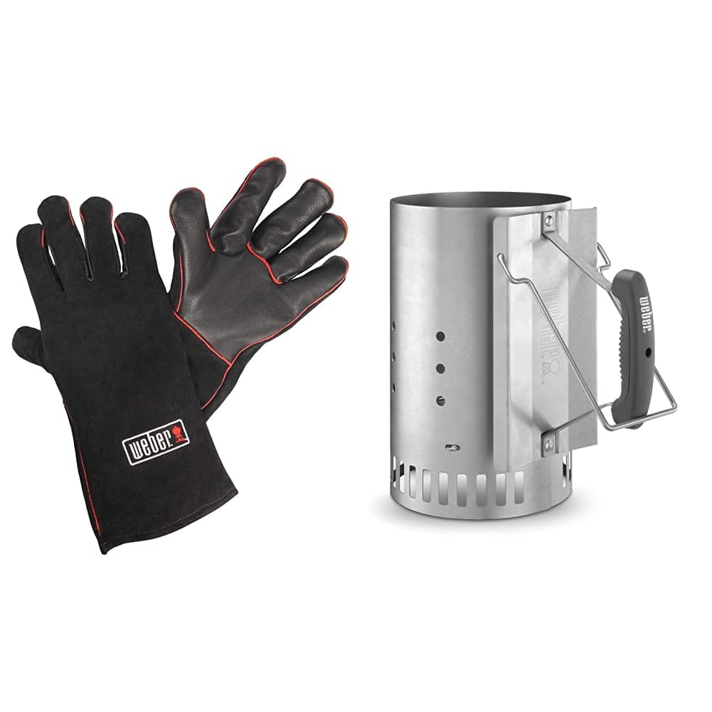 Weber 17896 Leder-Grillhandschuh, schwarz & 7416 Anzündkamin Rapidfire, Grillen mit Kohle, Anzünden,