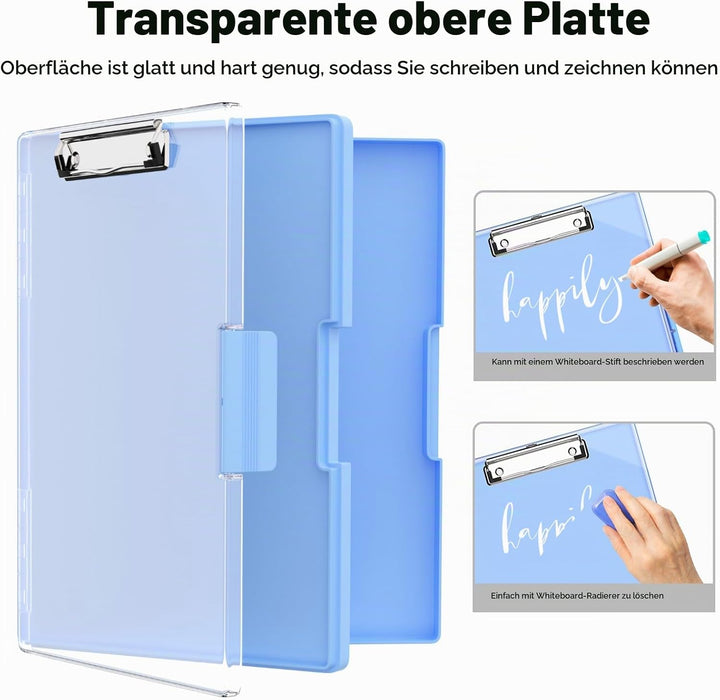 Piasoenc Klemmbrett mit Aufbewahrung, Klemmbretter mit 2 Aufbewahrungsboxen und A4-Papierordner, kla