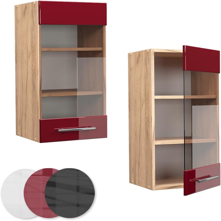 Vicco Küchenschrank Glas Fame-Line, Bordeaux Hochglanz/Goldkraft Eiche, 40 cm Hängeglasschrank 40 cm