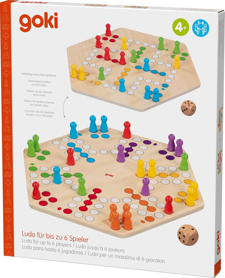 goki 56298 – Ludo für bis zu 6 Spieler aus Holz – Gesellschaftsspiel im XL-Format, Durchmesser ca. 3