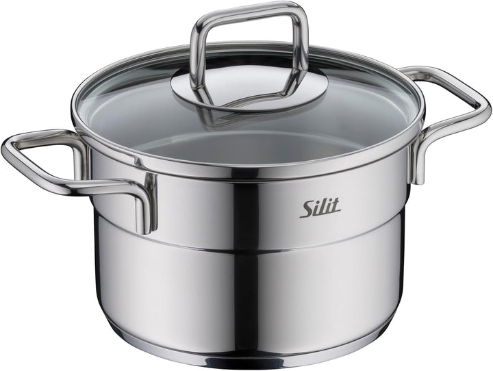 Silit Extra Cook Kochgeschirr-Set 4-teilig, Kochtöpfe 12/14 cm mit Glasdeckel, Innenskalierung, brei