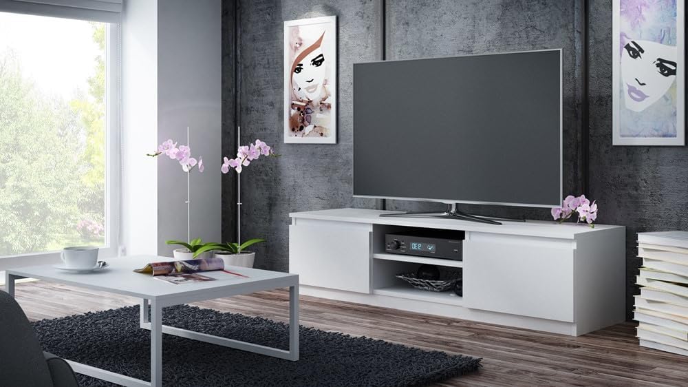 VBChome TV-Schrank 140 x 40 x 36 cm Weiss Griffelose Tv-Regal Fernsehtisch mit 2 Türen Holz Mehrzwec