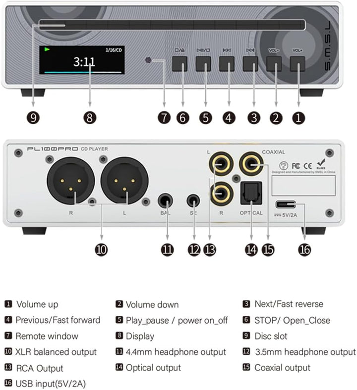 SMSL PL100PRO CD-Player,Cinch-/optischer-/koaxialer-/symmetrischer XLR-Anschluss sowie 3,5/4,4-mm-Ko