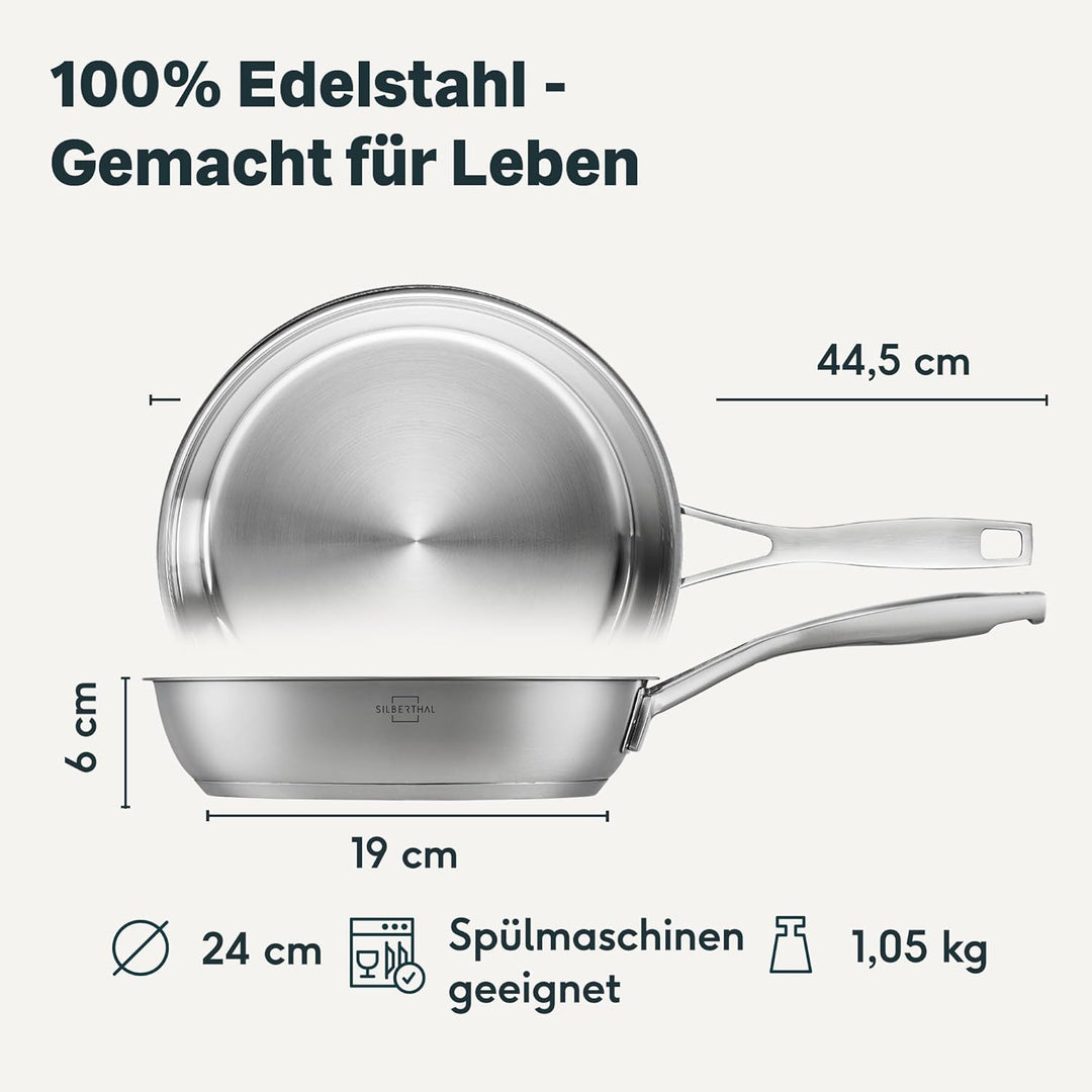 SILBERTHAL Edelstahl Pfanne Unbeschichtet - Induktion - Profi Bratpfanne 24cm - Röstaromen - Ofenfes