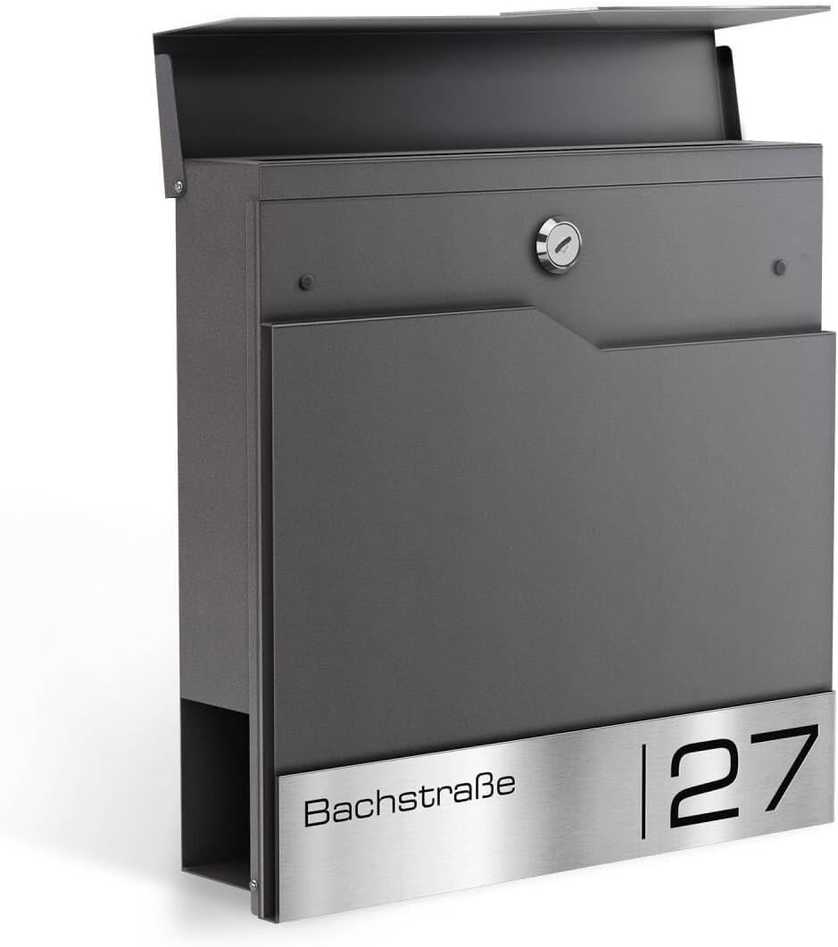 Metzler Briefkasten in DB 703 Eisenglimmer Enno - Wandbriefkasten mit V2A Edelstahl-Namensschild & Z