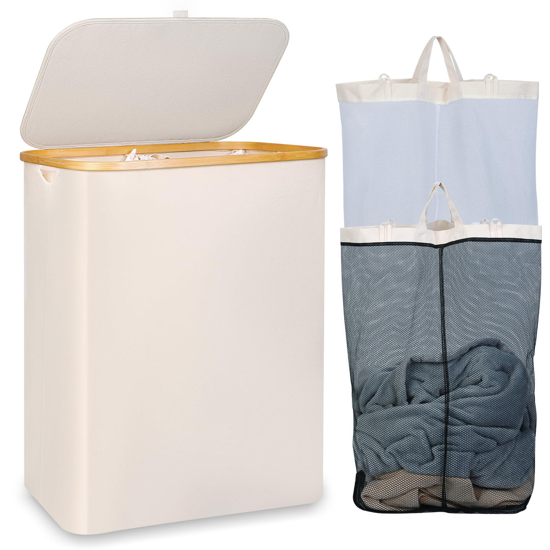 iEGrow Wäschekorb150L XL-Extra Gross 2 Fächer Wäschesammler mit Bambusgriff und Deckel, Laundry Bask