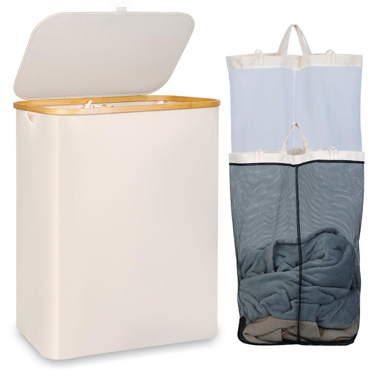 iEGrow Wäschekorb150L XL-Extra Gross 2 Fächer Wäschesammler mit Bambusgriff und Deckel, Laundry Bask