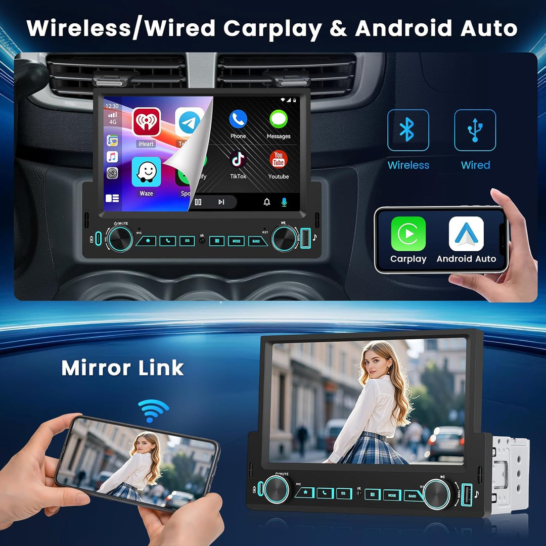 Hikity 1 Din Autoradio Carplay Android Auto Kabelgebundenes 7 Zoll Incell Touchscreen Bildschirm mit