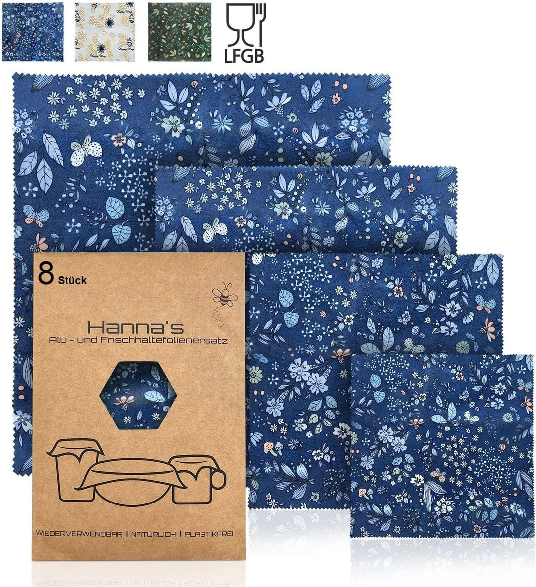 Hanna's Bienenwachstücher 8 Stück Bienenwachstücher für Lebensmittel I Beeswax Wrap I Wachstuch I Wi