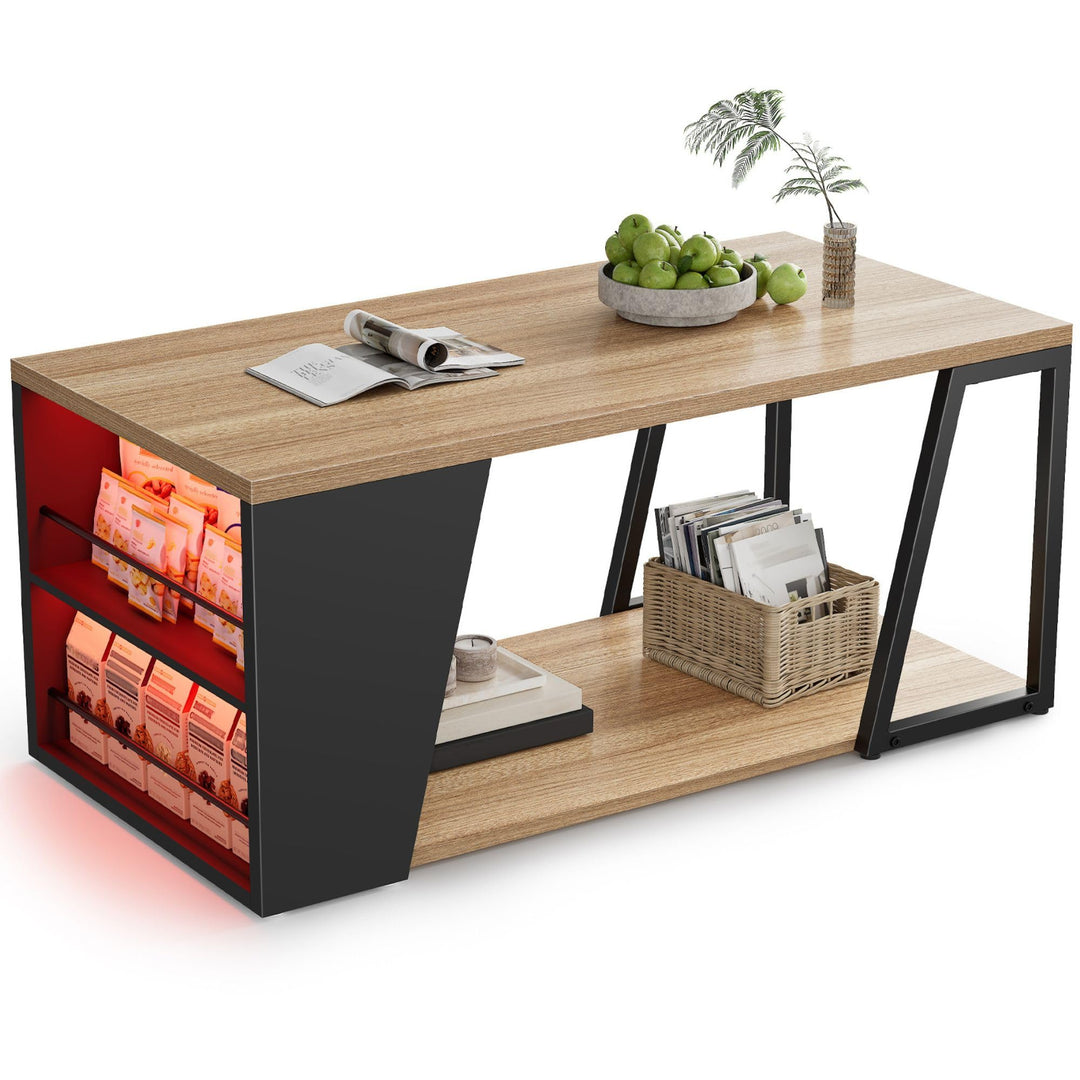 Gyfimoie Couchtisch mit Stauraum, Wohnzimmertisch mit Verstellbarer LED, Sofatisch mit Regal, Beiste