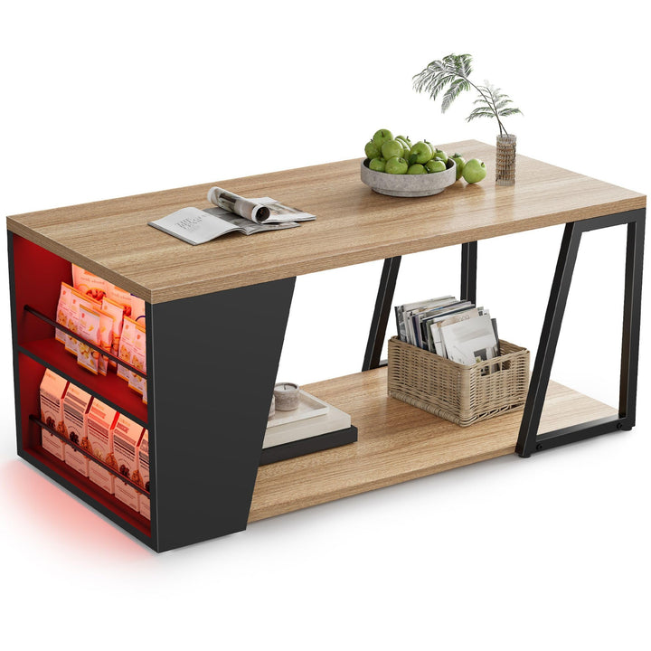 Gyfimoie Couchtisch mit Stauraum, Wohnzimmertisch mit Verstellbarer LED, Sofatisch mit Regal, Beiste