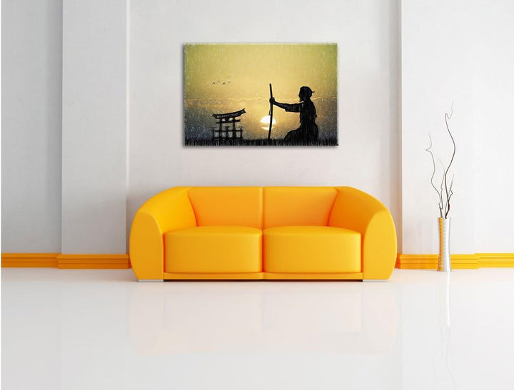 Pixxprint Alter Samurai-Meister vor Horizont Kunst Buntstift Effekt, Format: 100x70 auf Leinwand, 10