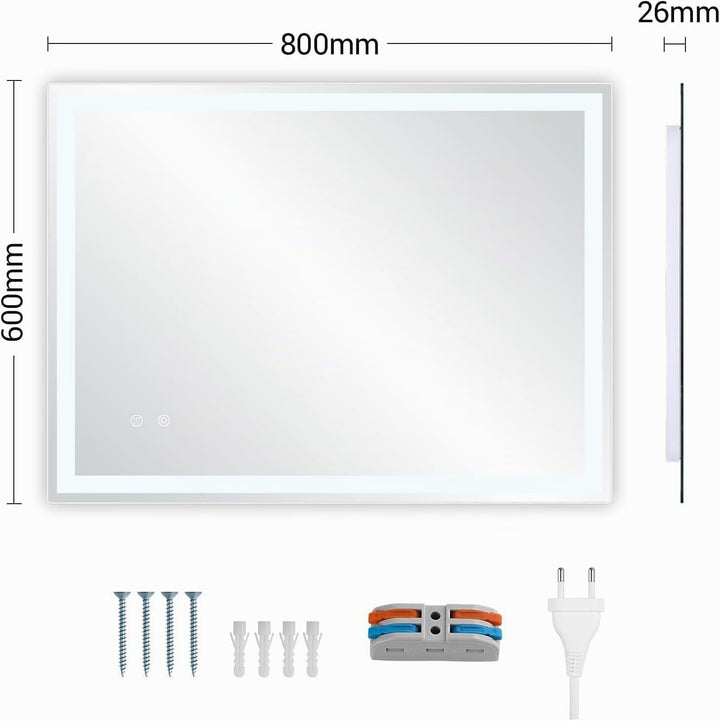 Clevich Rechteckiger LED Badspiegel mit Beleuchtung 80x60 cm, Anti-Beschlag | 3 Lichtfarben stufenlo