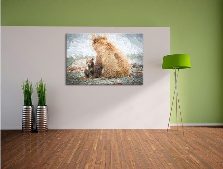 Pixxprint Bär mit Baby nach dem Baden / 100x70cm Leinwandbild bespannt auf Holzrahmen/Wandbild Kunst