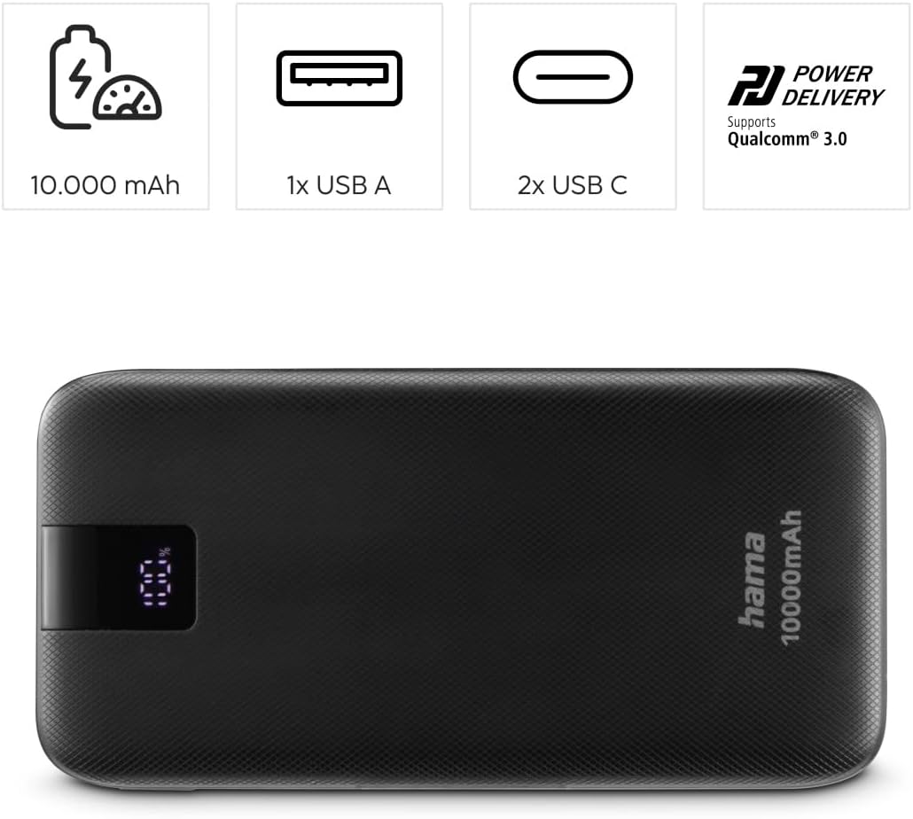 Hama Powerbank PD 10 10000mAh (externer Akku mit 2X USB C + 1x USB A, Power Pack Zertifiziert, Schne