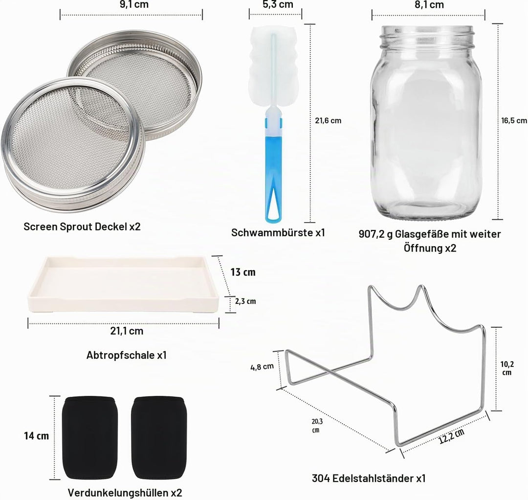Sprossenglas, Sprossen Keimglas 2er Set, Sprouting Jar mit Deckel, Sieb &amp; Abtropfschale, Sprossen Ke