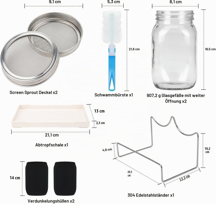 Sprossenglas, Sprossen Keimglas 2er Set, Sprouting Jar mit Deckel, Sieb &amp; Abtropfschale, Sprossen Ke