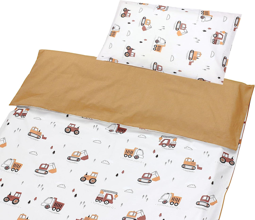 TupTam Kinder Bettwäsche Gemustert 2-Teilig Wendebettwäsche, Farbe: Baufahrzeuge/Bagger/Beige/Kakaob
