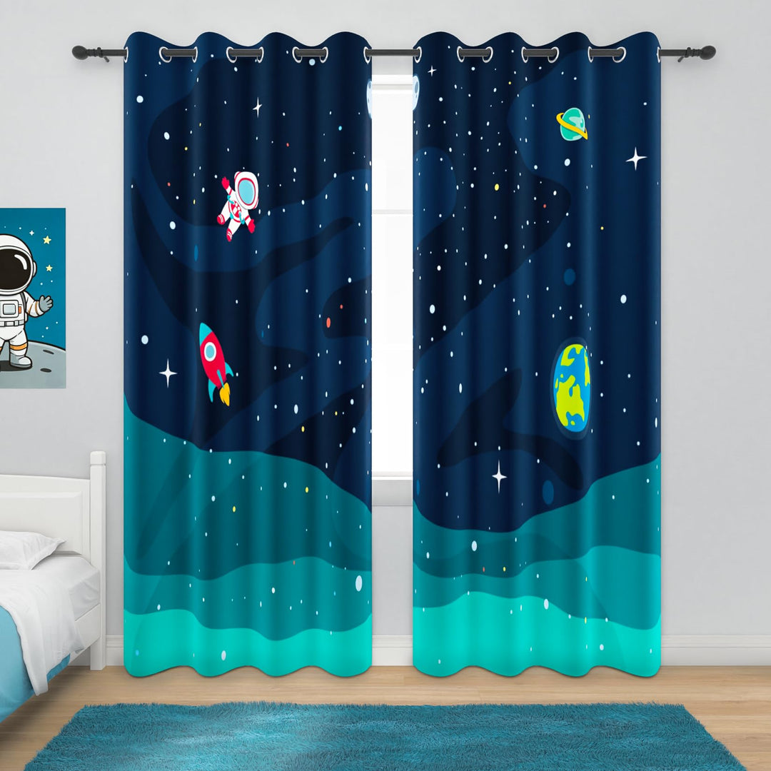 YONGFOTO 140x229cm Karikatur Muster Vorhänge, Kühle Spaceman Rakete Planeten Sterne im Weltraum, 2 P