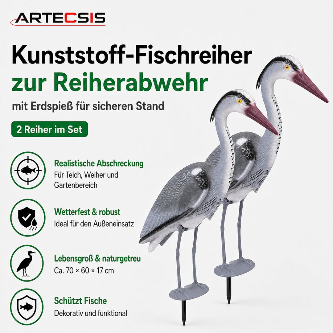 ARTECSIS® 2 x Kunststoff-Fischreiher Attrappe (70 cm) mit Erdspiess aus Kunststoff - Gartenteich Rei