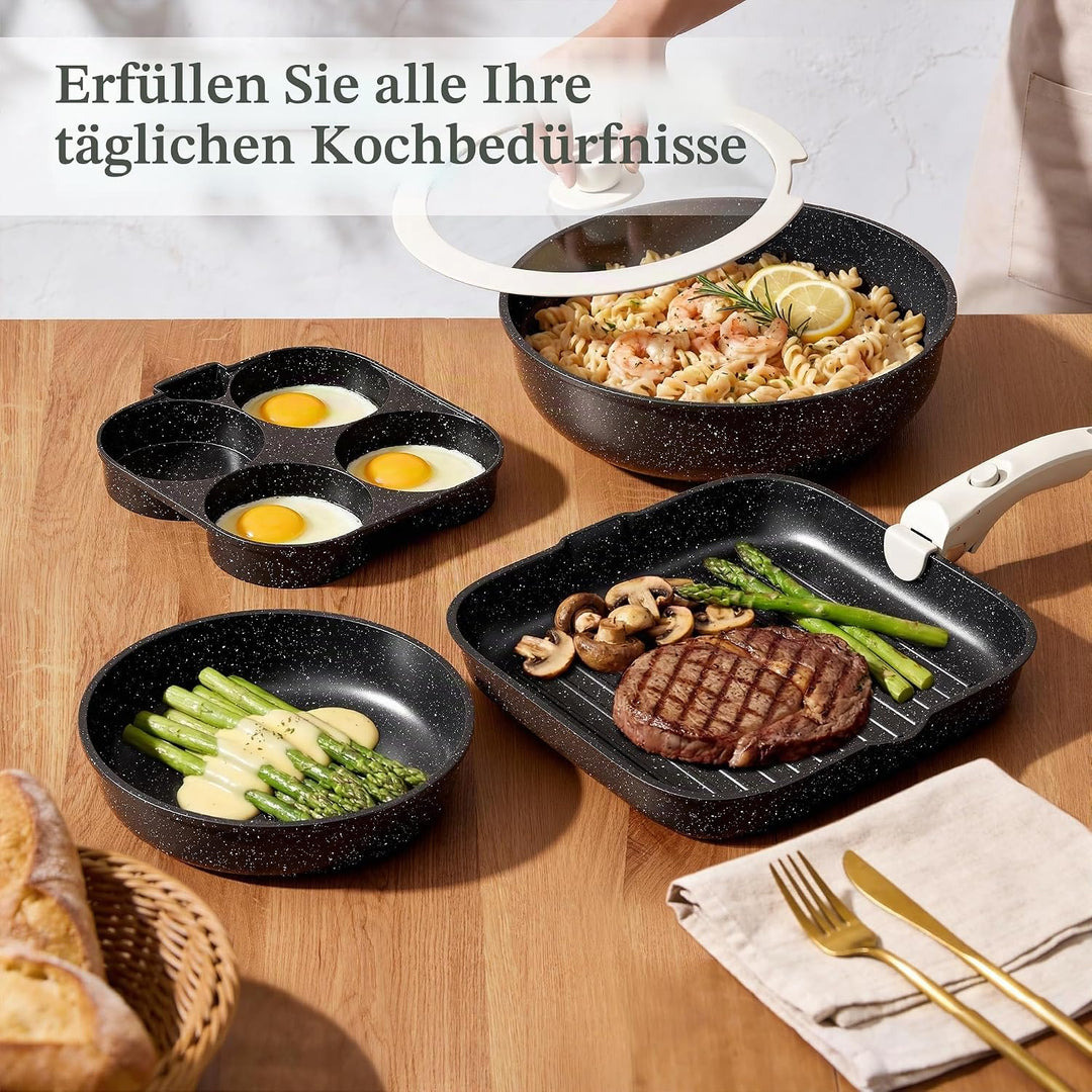 RIOVARM Induktion Töpfe und Pfannen Set mit abnehmbaren Griffen, Antihaft Bratpfanne mit Deckeln, Om