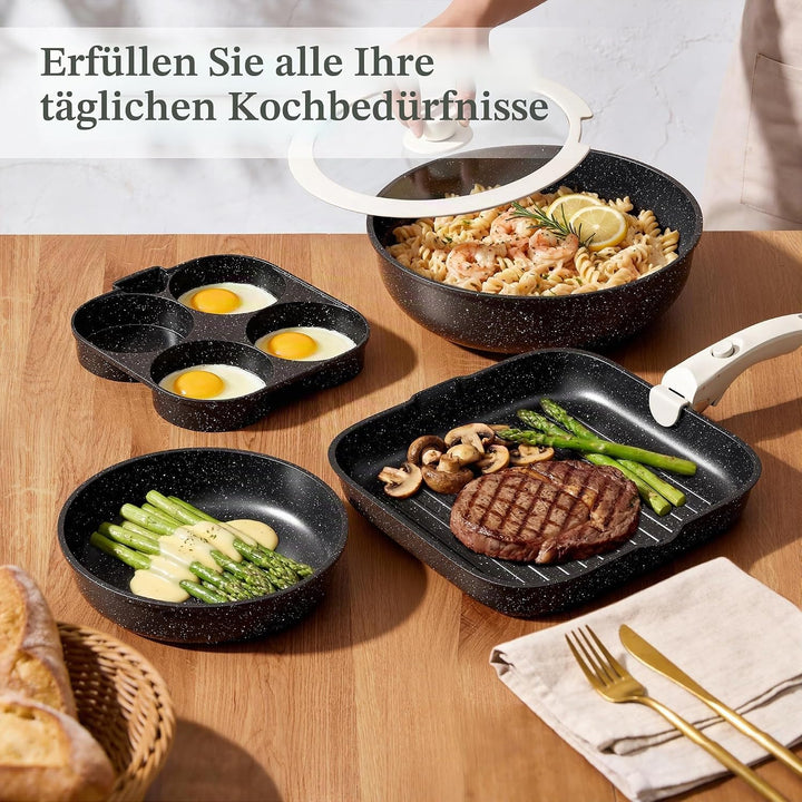 RIOVARM Induktion Töpfe und Pfannen Set mit abnehmbaren Griffen, Antihaft Bratpfanne mit Deckeln, Om