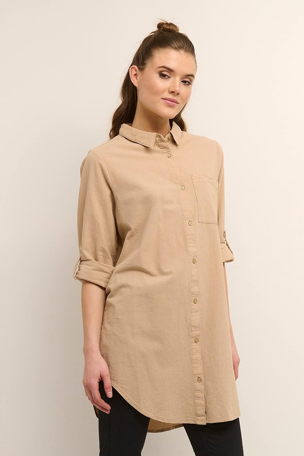 KAFFE KAnaya Shirt Tunic Damen Hemd Langarm Kragen Lang Casual Hemdbluse 34 Classic Sand, 34 Classic