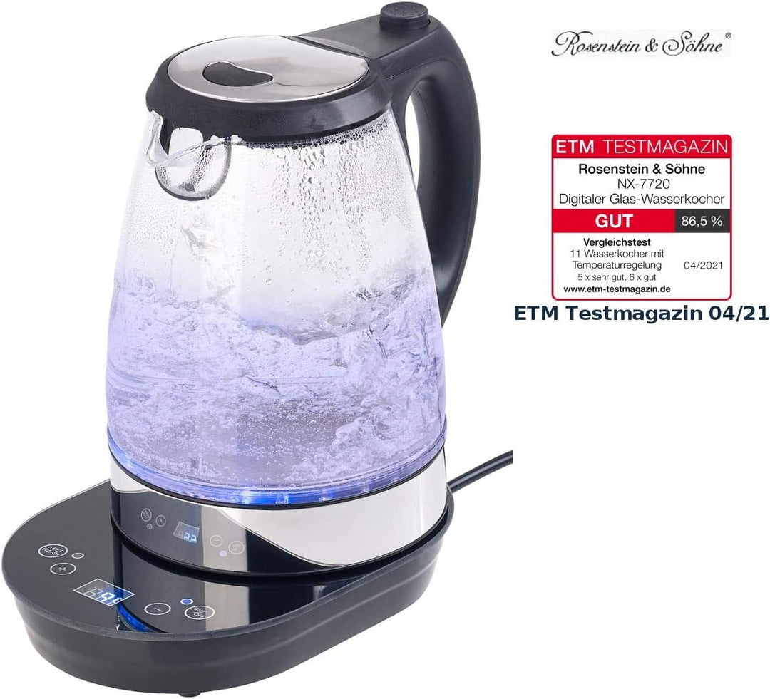 Rosenstein & Söhne Wasserkocher LED: Digitaler Glas-Wasserkocher, Temperaturwahl, Display, 2.200 W,