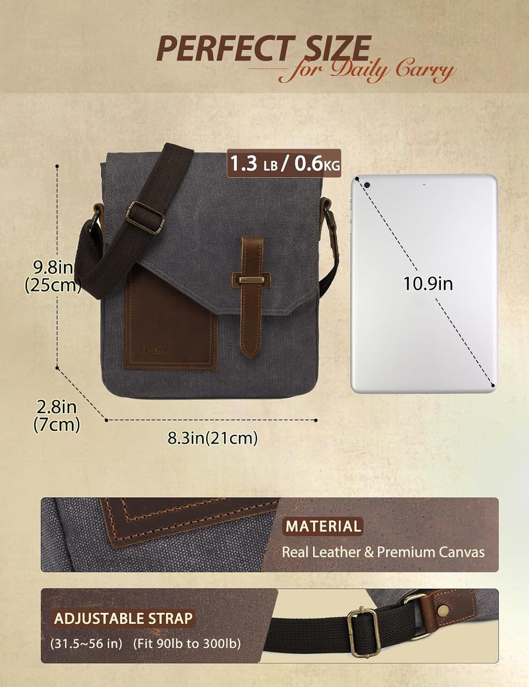 VASCHY Klein Umhängetasche Herren, Vintage Leinwand Herrentasche Echtes Leder Schultertasche Klassis
