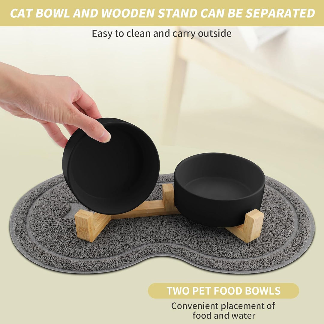 Katzennapf, 2 Stück Keramik Futternapf Katze Set, 3-in-1 rutschfeste Katzennäpfe mit Holzstände und