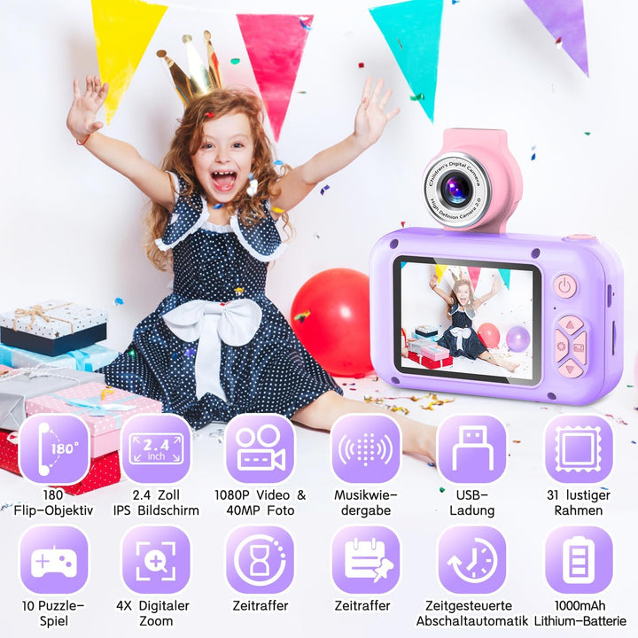 KinderKamera,ARNSSIEN Kinder Kamera,Selfie ,Geschenk für3 4 5 6 7 8 9 10Jahre Mädchen und Junge,2.4i