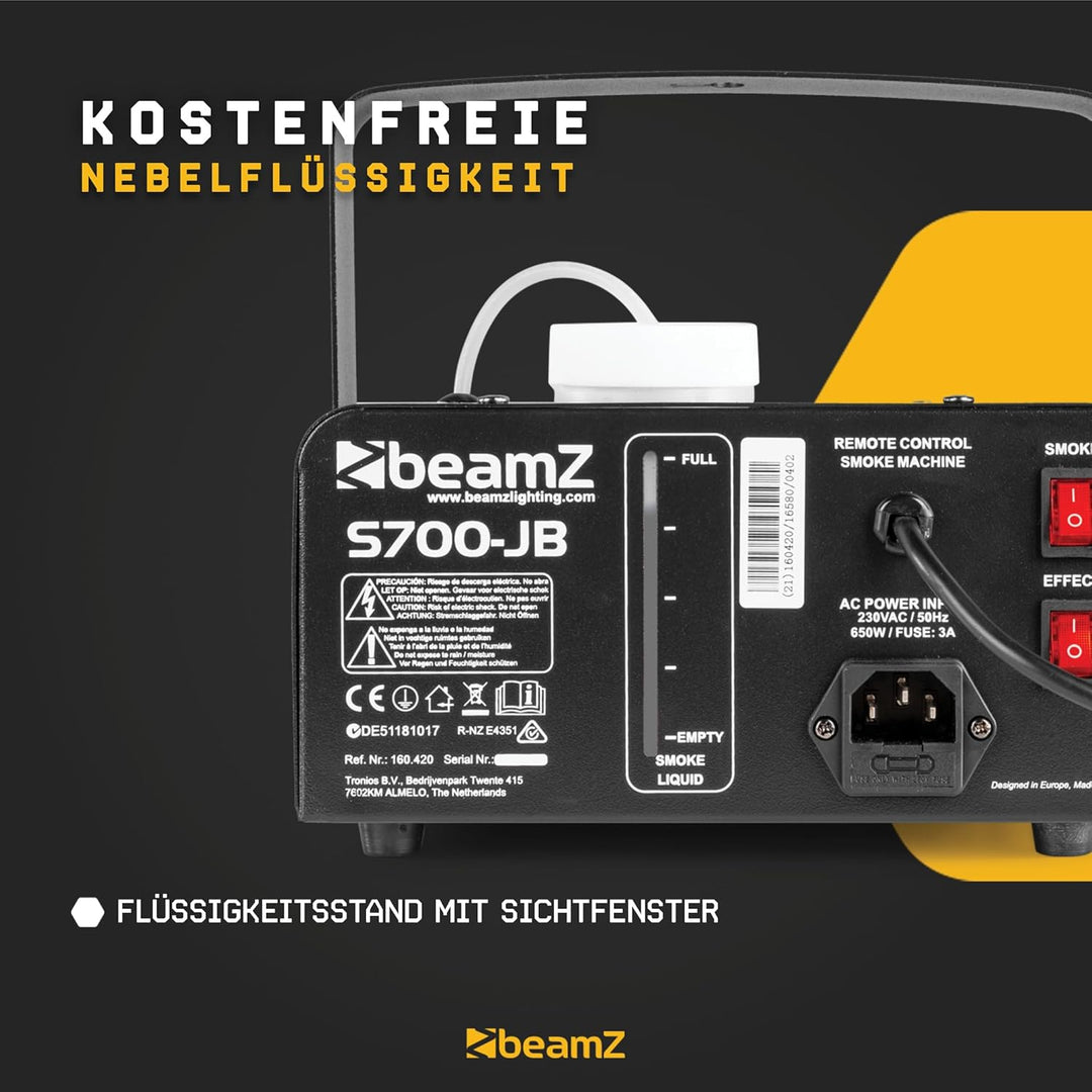 BeamZ S700-JB Kompakte 700-Watt-Nebelmaschine mit Fernbedienung, Rauchmaschine mit Lichteffekt, Smok