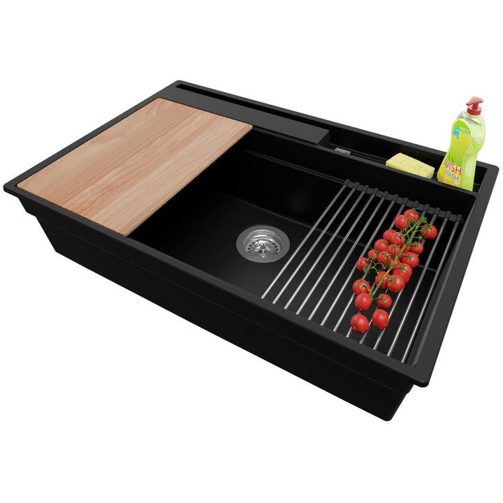 Spülbecken Schwarz 78x53 cm, Granitspüle 1 Becken + Ablauf-Set, Küchenspüle ab 80er Unterschrank, Ei