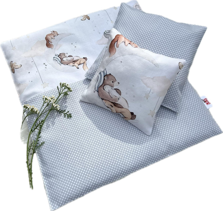 Grau Puppenbettwäsche aus Baumwolle mit Tieren (30-35 cm), 30-35 cm