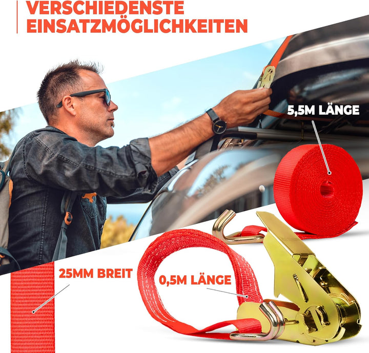 Spanngurte mit Ratsche (10 Stück) TÜV/GS geprüft | 800 kg 6m | zweiteilig mit Haken | Ratschengurt |
