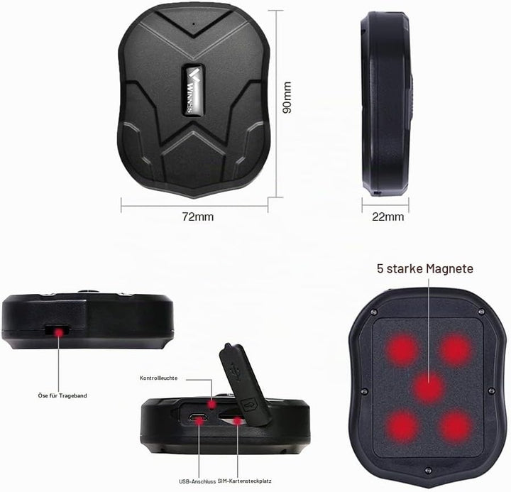 Winnes 4G GPS-Tracker Integrierte SIM-Karter, 5000-mAh-Akku, Aussergewöhnlich Lange Standby-Zeit，Ech