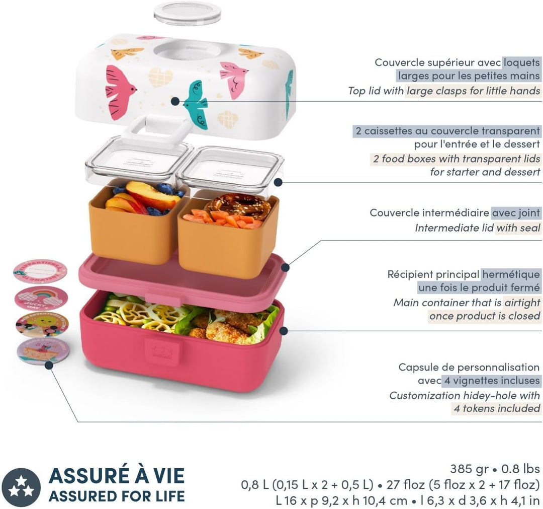 monbento - Lunchbox Kinder MB Tresor rosa Birds - Brotdose Kinder mit 3 Fächern - Ideal für Mittages