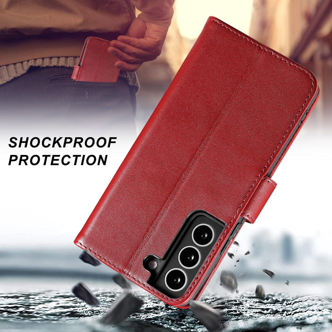 LENSUN Echtleder Hülle für Samsung Galaxy S22, Handyhülle Echt Leder Cover mit [Magnetverschluss] [R